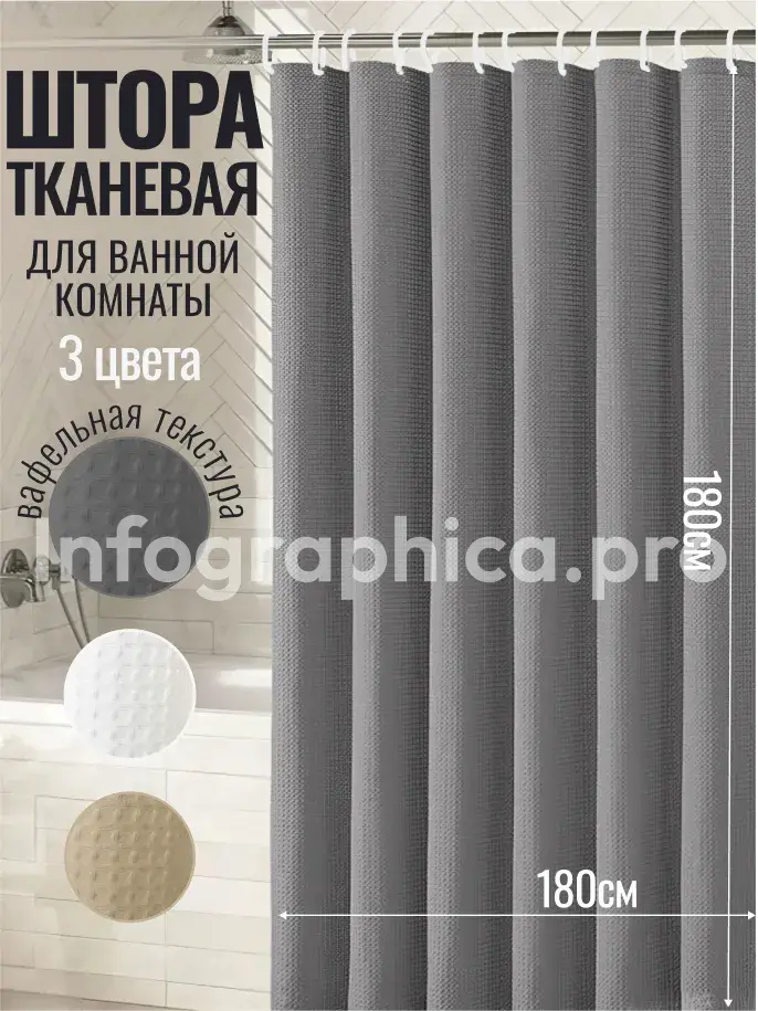 Готовая инфографика: тканевая штора для ванной